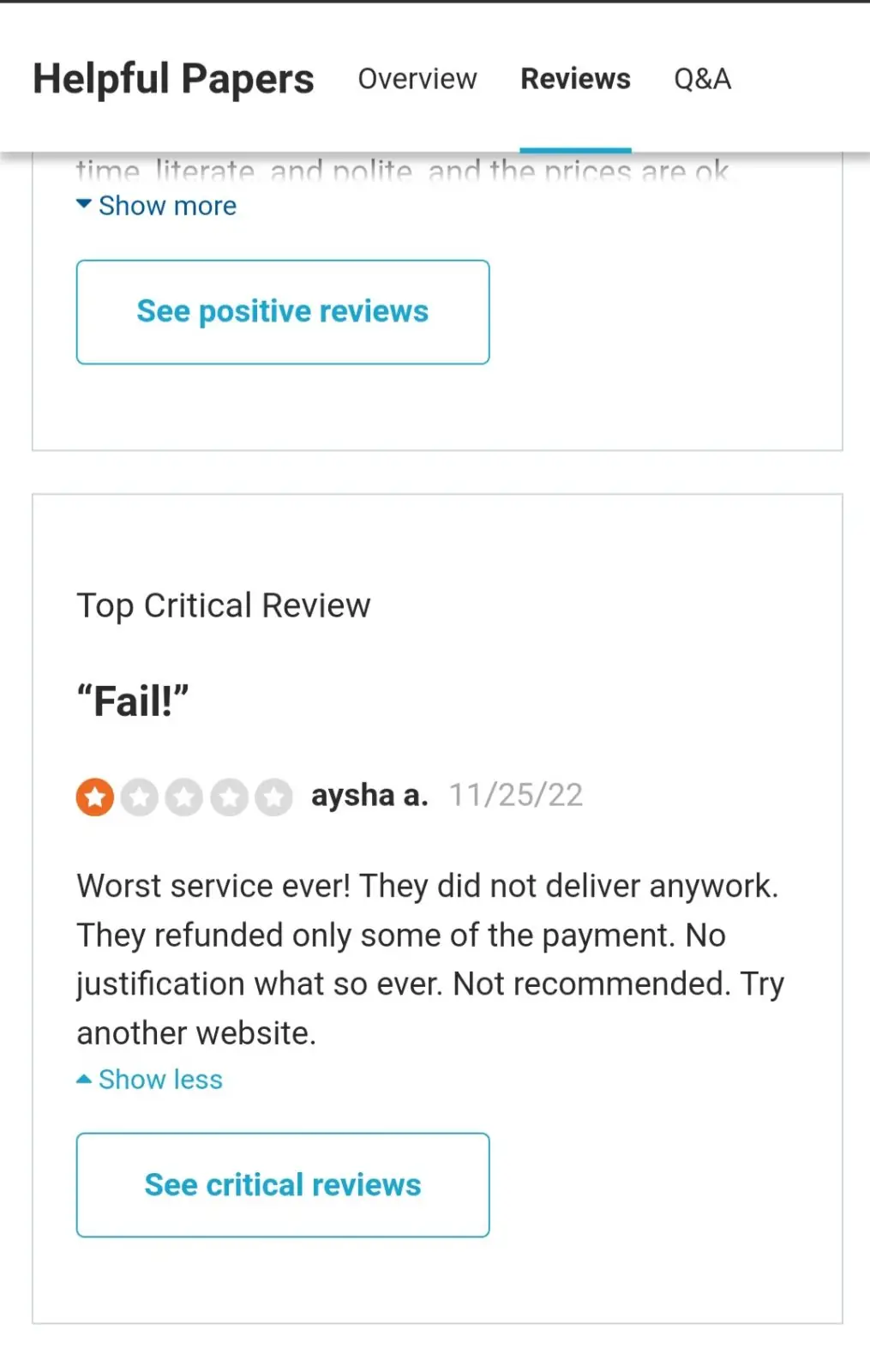HelpfulPapers review on Sitejabber